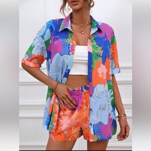 SHEIN VCAY Floral Print Drop Shoulder Shirt & Shorts